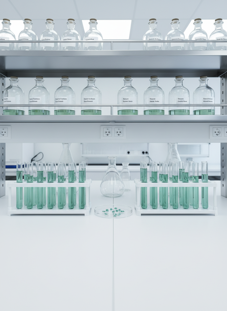 Una imagen fotográfica de alta definición de una mesa de laboratorio blanco impecable donde se alinean cuidadosamente tubos de ensayo transparentes llenos de líquidos de tonos suaves verdes y azules que representan compuestos para medicina regenerativa. Detrás, frascos de vidrio etiquetados con nombres científicos ordenados sobre estanterías metálicas pulidas. La iluminación es fría y uniforme, proveniente de luces de laboratorio en el techo, resaltando el brillo del vidrio y el acero inoxidable sin crear sombras duras. En el centro, una placa de Petri con diminutos organoides visibles. Composición simétrica, cámara a nivel de mesa con profundidad de campo media para mantener la mayoría de los elementos en foco. El ambiente es extremadamente limpio, preciso y profesional, evocando investigación rigurosa y basada en evidencia.